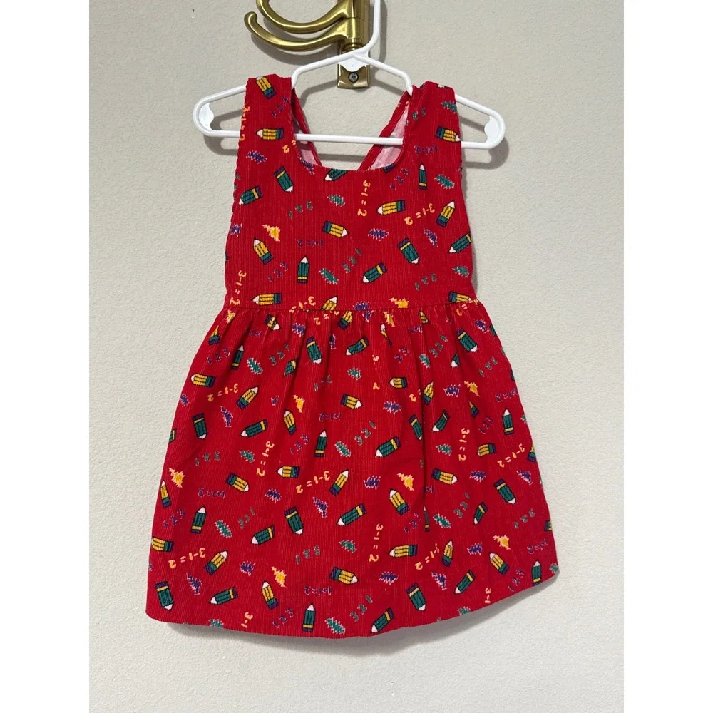 Carter's Corduroy Jumper Dress Kids 3T Red Vintage School Pencil Math Print